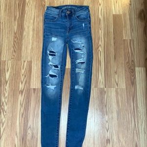 american eagle blue jeans, ripped, skinny